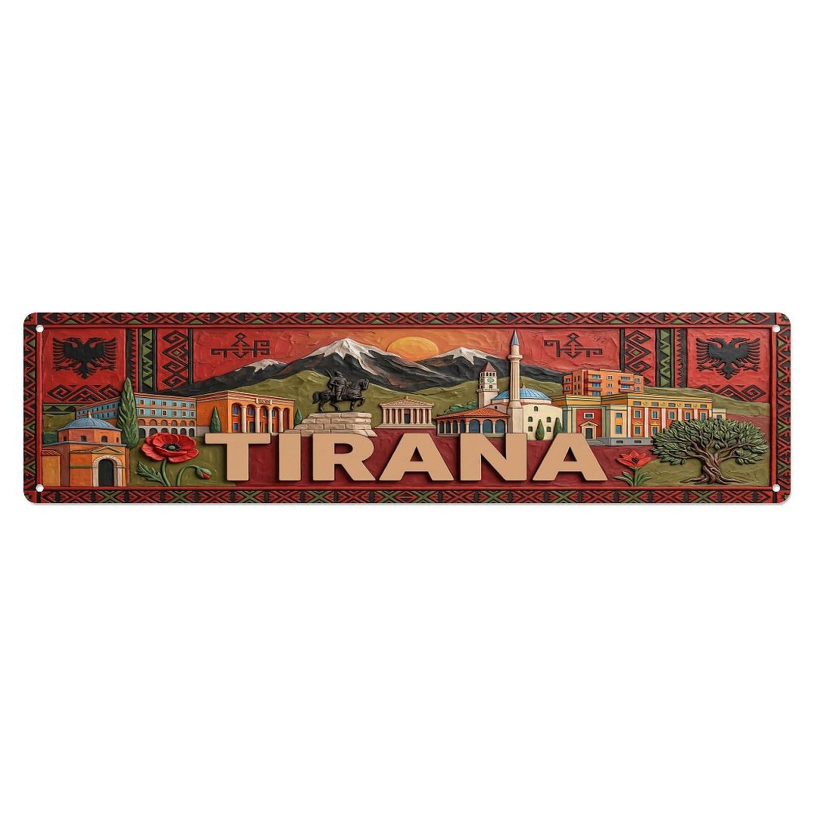 Cwbufd Vintage Style Vintage Tirana Albania Flag Pattern Vintage Metal Tin Sign Plaque Wall Decor For Cafe, Club Bar, Office, Garden Metal Poster 4X16inch