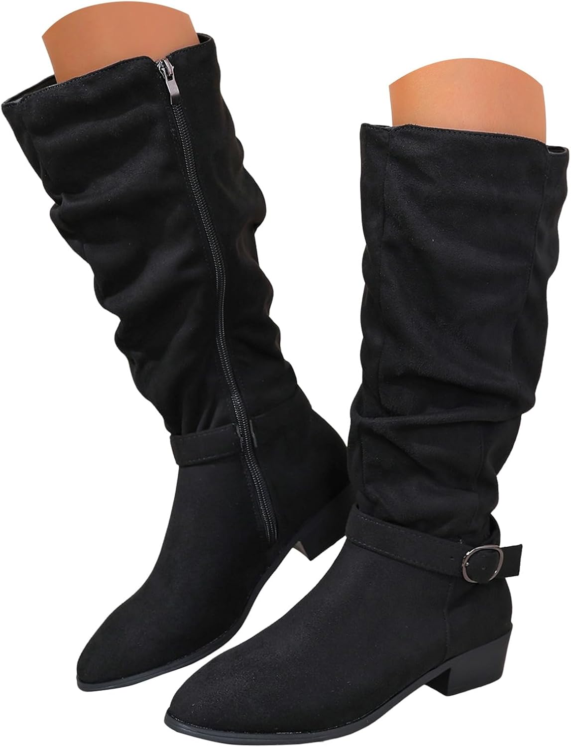 Women Casual Knee High Boots Wide Calf Slouchy Ruched Suede Cutout Side Zipper Chunky Block Low Heels Almond Toe Long Booties Fashion Fall Winter Breathable Non Slip Dressy Shoes