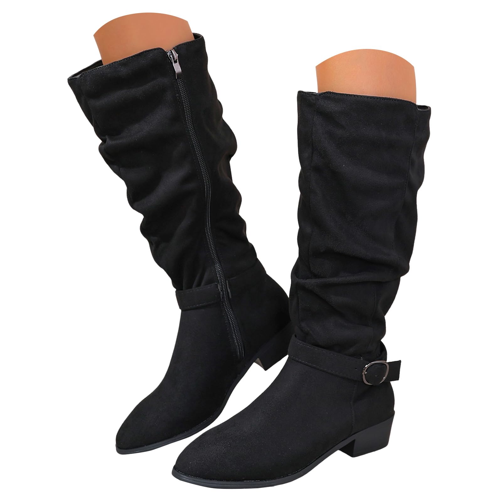 Women Casual Knee High Boots Wide Calf Slouchy Ruched Suede Cutout Side Zipper Chunky Block Low Heels Almond