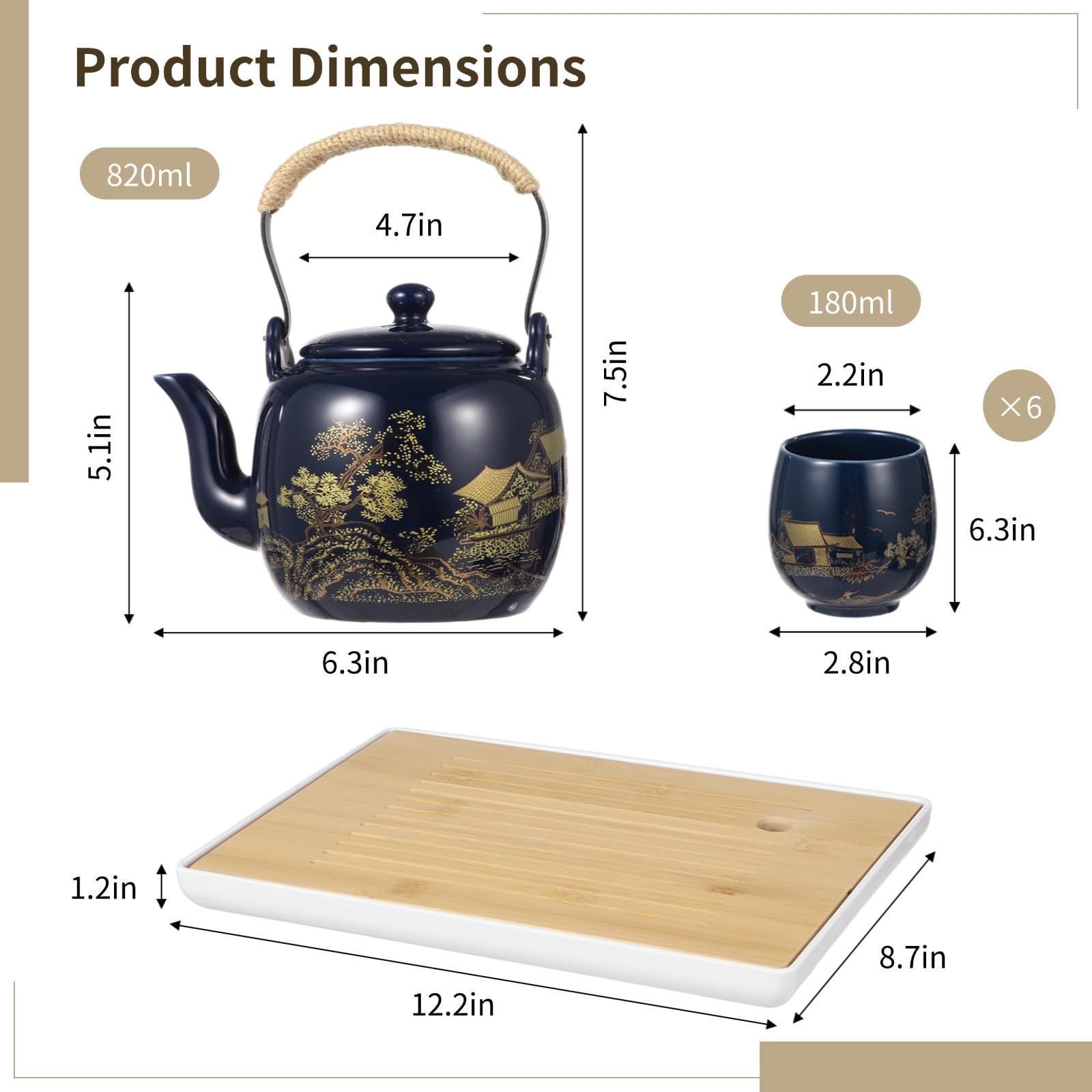 Service à thé japonais 8 pièces en céramique émaillée pour les amateurs de thé, comprend théière, passoire, plateau et tasses, idéal pour le bureau ou la maison