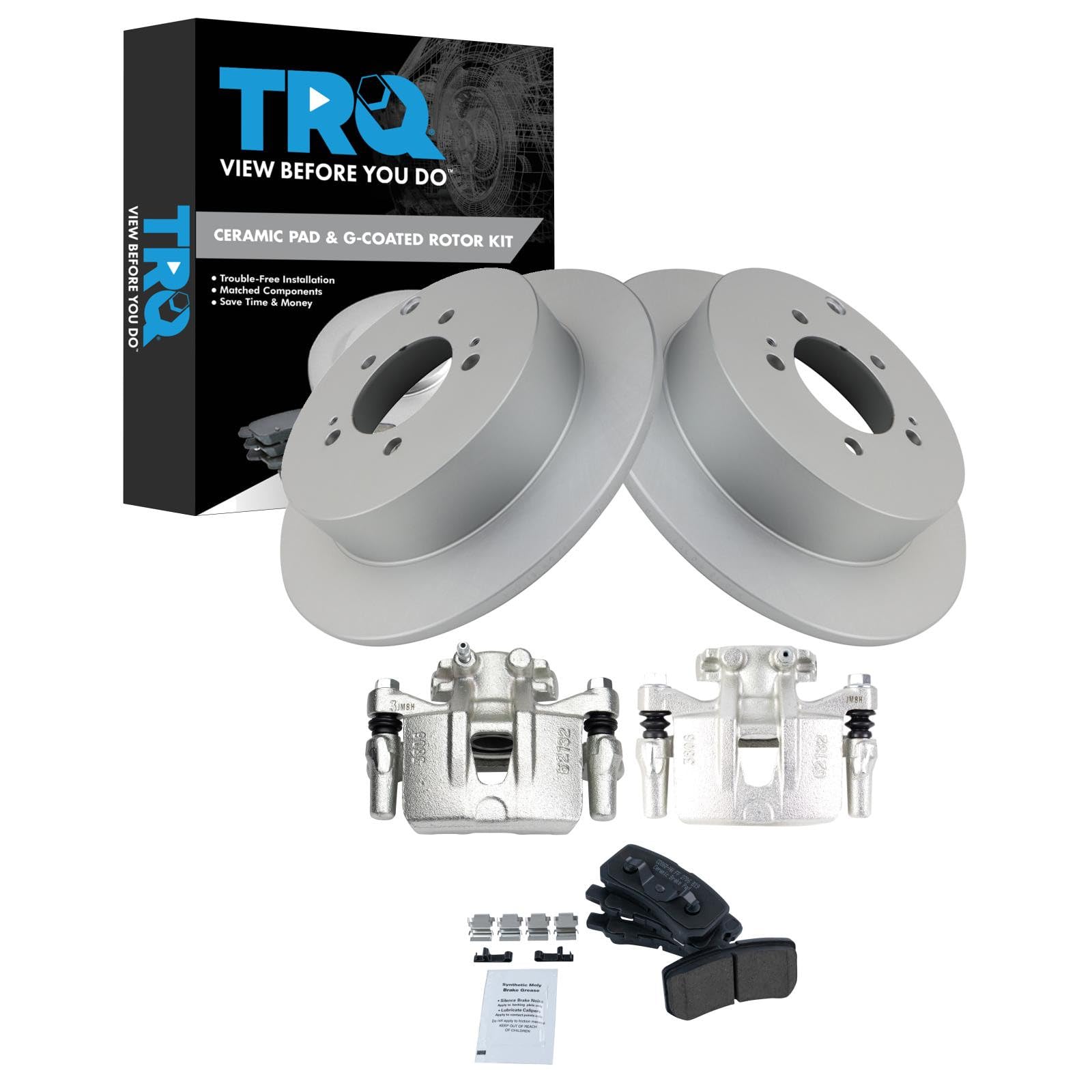 TRQ Rear Brake Pad and Rotor Set Ceramic Solid Rotors Calipers Hardware