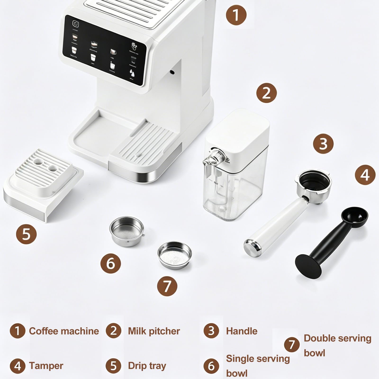 Cafetera Express con Brazo, Thermoblock Pantalla Tactil Vaporizador Leche Deposito 1.5l Portafiltros Molido Frio Caliente Acero Inoxidable Calientatazas Goteo Doble Salida White