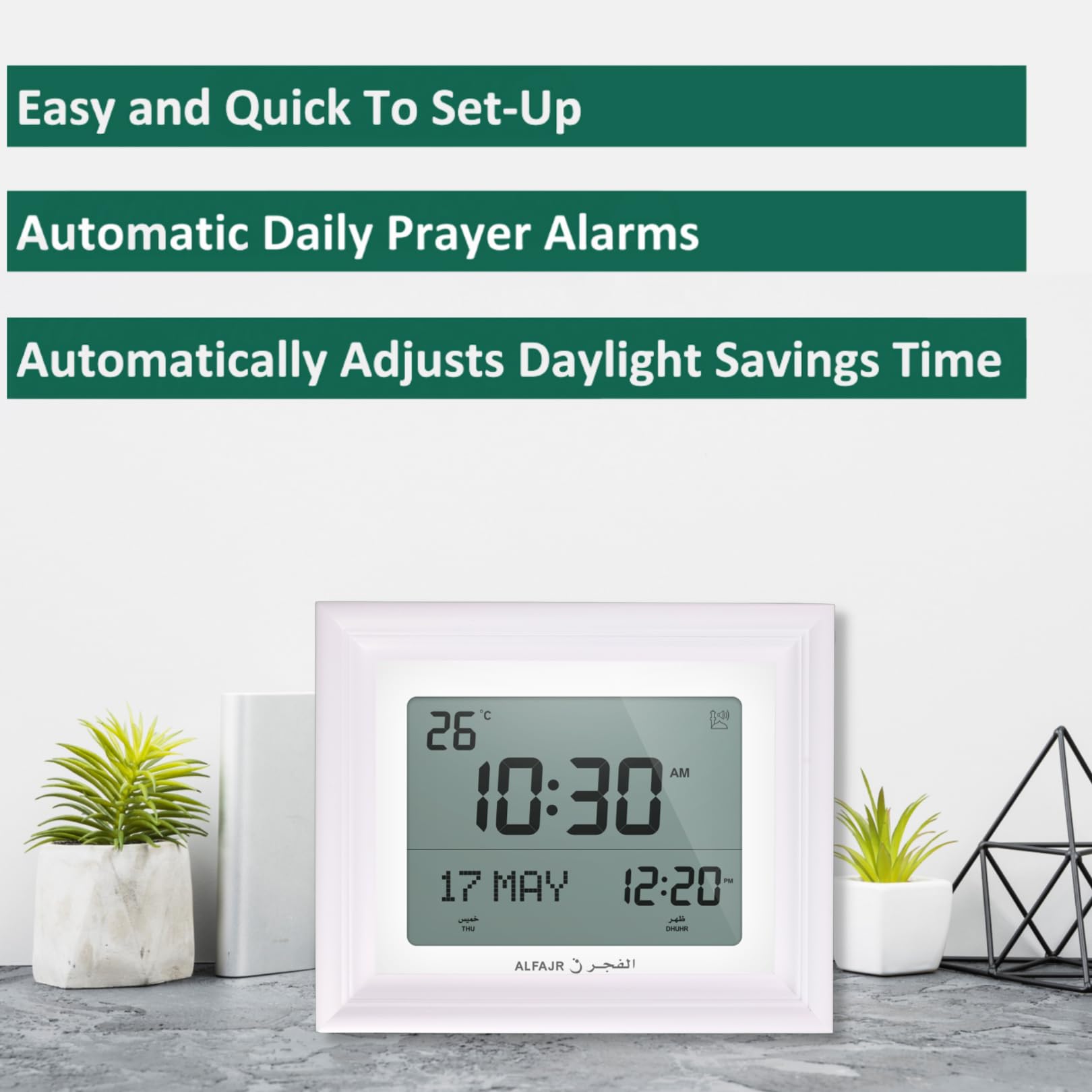 ALFAJR CF-19 Horloge de prière numérique automatique avec cadre amovible Blanc