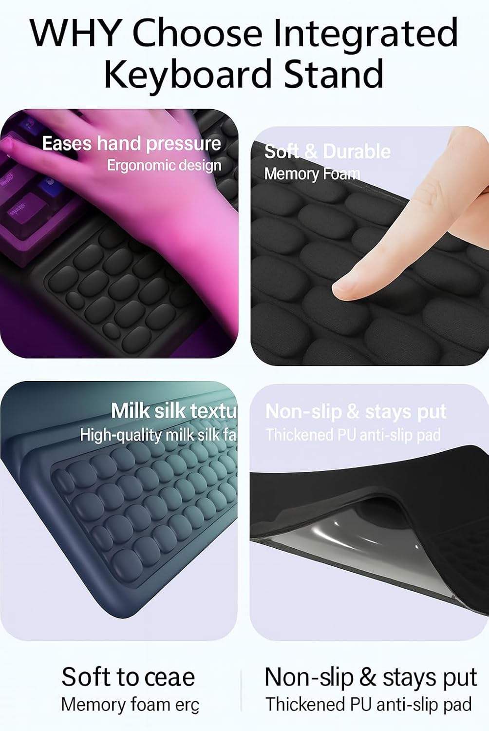RAPIQUE Ergonomic Keyboard Wrist Rest Pad, Computer Keyboard Stand for Full Size & Wireless Keyboards, Typing Angle Wrist Relief Tray, Portable Holder for Office and Home Desk Use - Black
