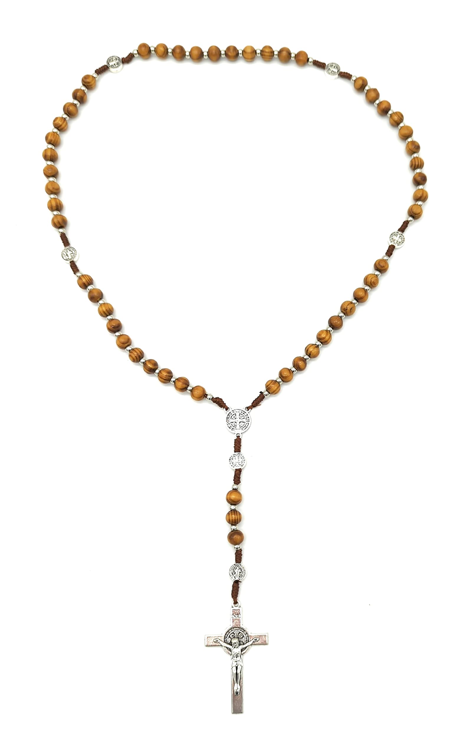 OVUNQUE PROTEGGIMI Rosario di San Benedetto grani in Legno di Noce e medaglie. Rilegato in Corda. Corona con Preghiera di San Benedetto. Rosario cattolico. St Saint Benedict Rosary. Catholic Rosary