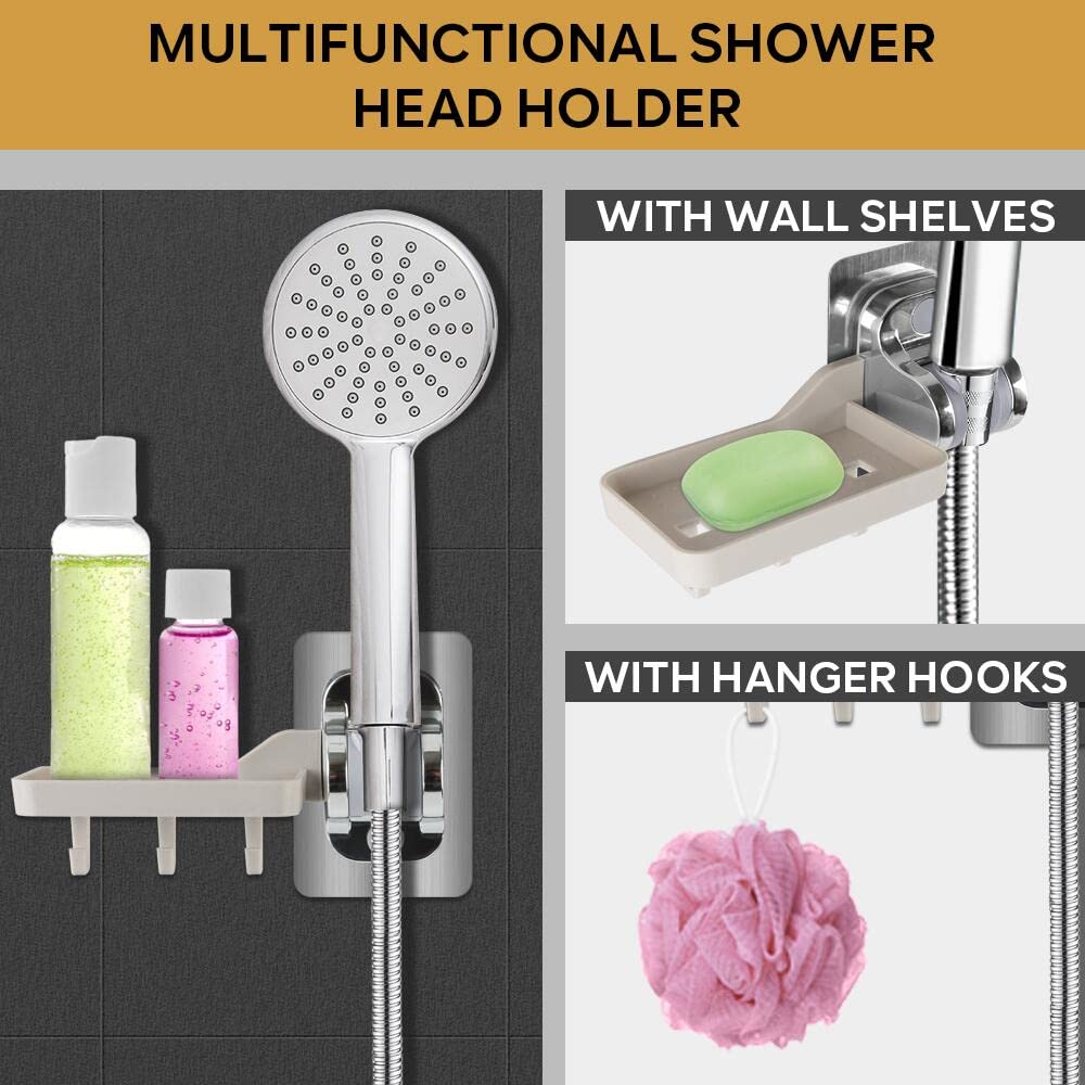 KAKULO Shower Head Holder Wall Mount Adhesive Handheld Shower Head Holder Adjustable Shower Head Holder Waterproof Shower Handle Holder Muti-Functional Shower Wand Holder Bracket with 3 Hanger Hooks