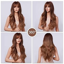 Esmee 24 Inch Long Honey Brown Ombre Wig with Bangs for Women Synthetic Wigs Natural Wave Heat Resistant Hair Wigs for Daily Party Cosplay Use