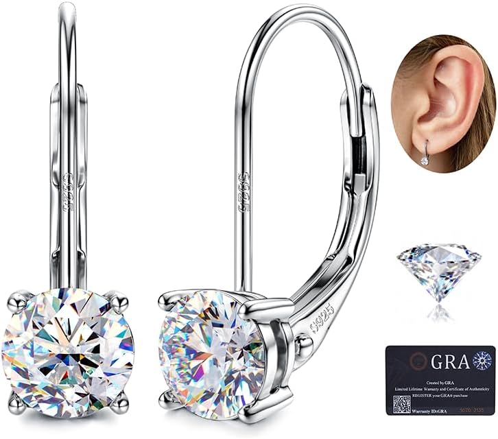 GEMQUEEN Moissanite Earrings : 18K White Gold Plated Soild Sterling Silver Dangle Earrings Hypoallergenic Leverback Drop Earrings for Women Men Round Cut D Color
