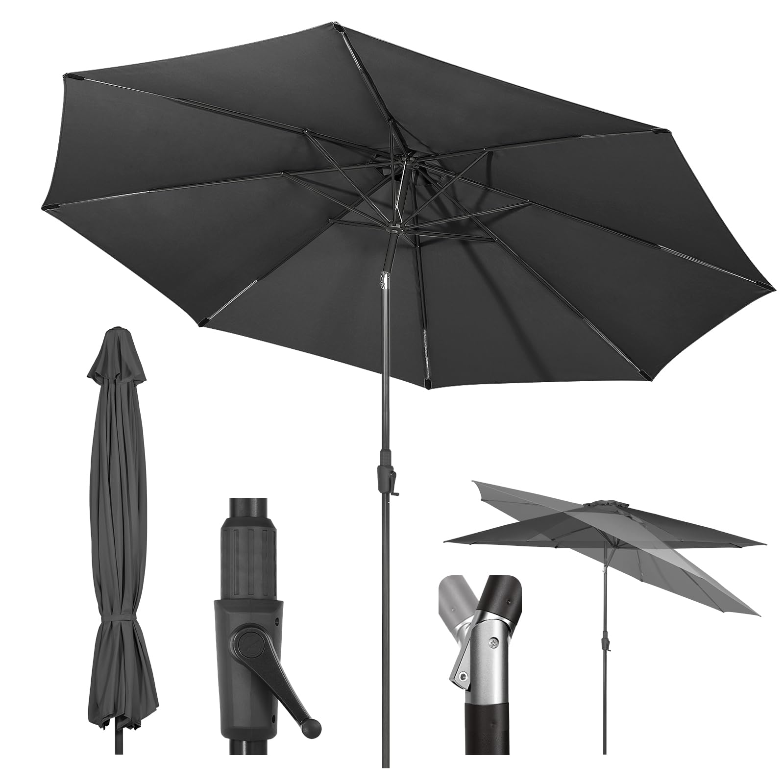 Sekey 350cm Sonnenschirm mit Kurbel und Auto Kippen, Marktschirm für Terrasse, Balkon & Garten, Windfest Stabil UPF 50+, Grau, Rund