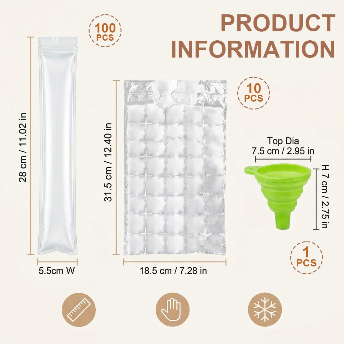Bolsas para Helados y Paletas | Kit DIY 100 Bolsas + 1 Embudo Plegable + 10 Bolsas Hielo (240 Cubitos), Sin BPA para Polos Flash Caseros, Zumo y Yogurt.