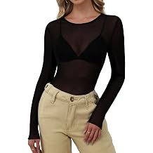 NORACORA Womens Mesh Long Sleeve Tops Crew Neck Sexy See Through Tee Shirts Party Club Night Lace Blouse