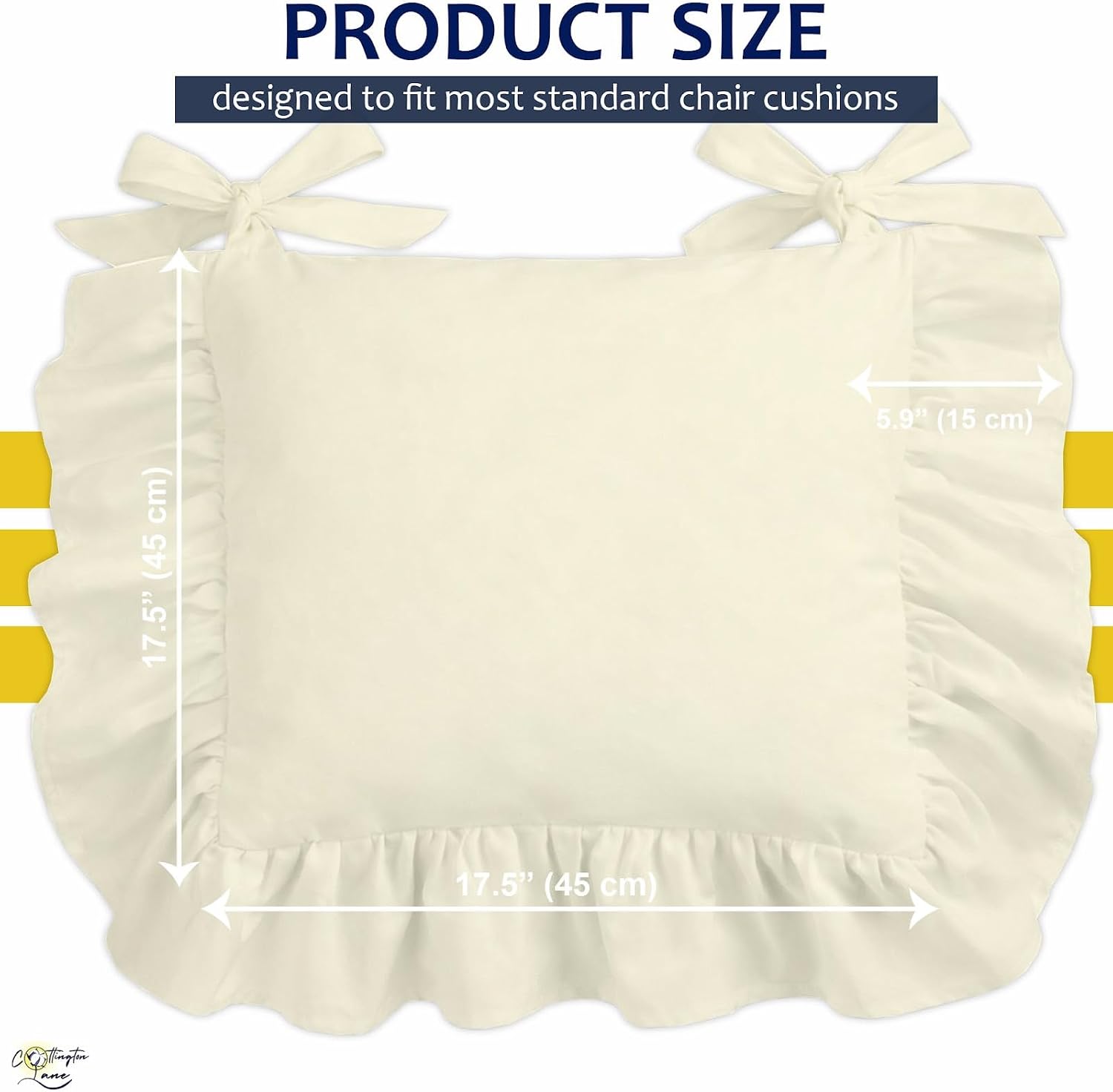 Cottington Lane Ruffled Chair Cushion Covers Pack of 6, Premium Egyptian Cotton 17.5 x 17.5 x 2.5 Inch Square Chair Pad Slipcovers with Ties, Decorative Farmhouse Seat Covers Only, Ivory