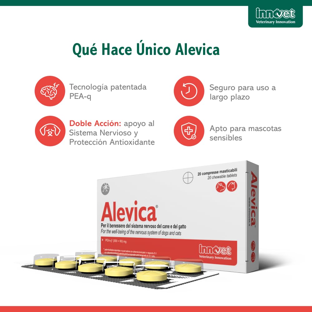 Innovet Alevica Suplemento para el Sistema Nervioso para Perros y Gatos 20 Comprimidos Masticables – con PEA-q y Quercetina – Apoya el Equilibrio Neurológico