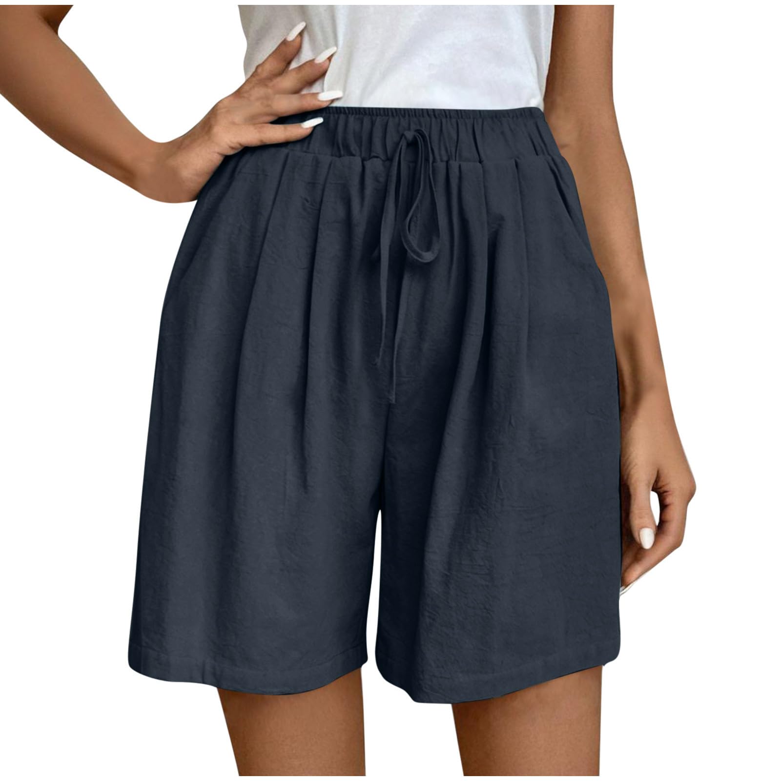 Womens Summer Cotton Linen Shorts Trendy High Waist Drawstring Workout Short Pants Casual Loose Comfy Beach Shorts(Navy,XX-Large)