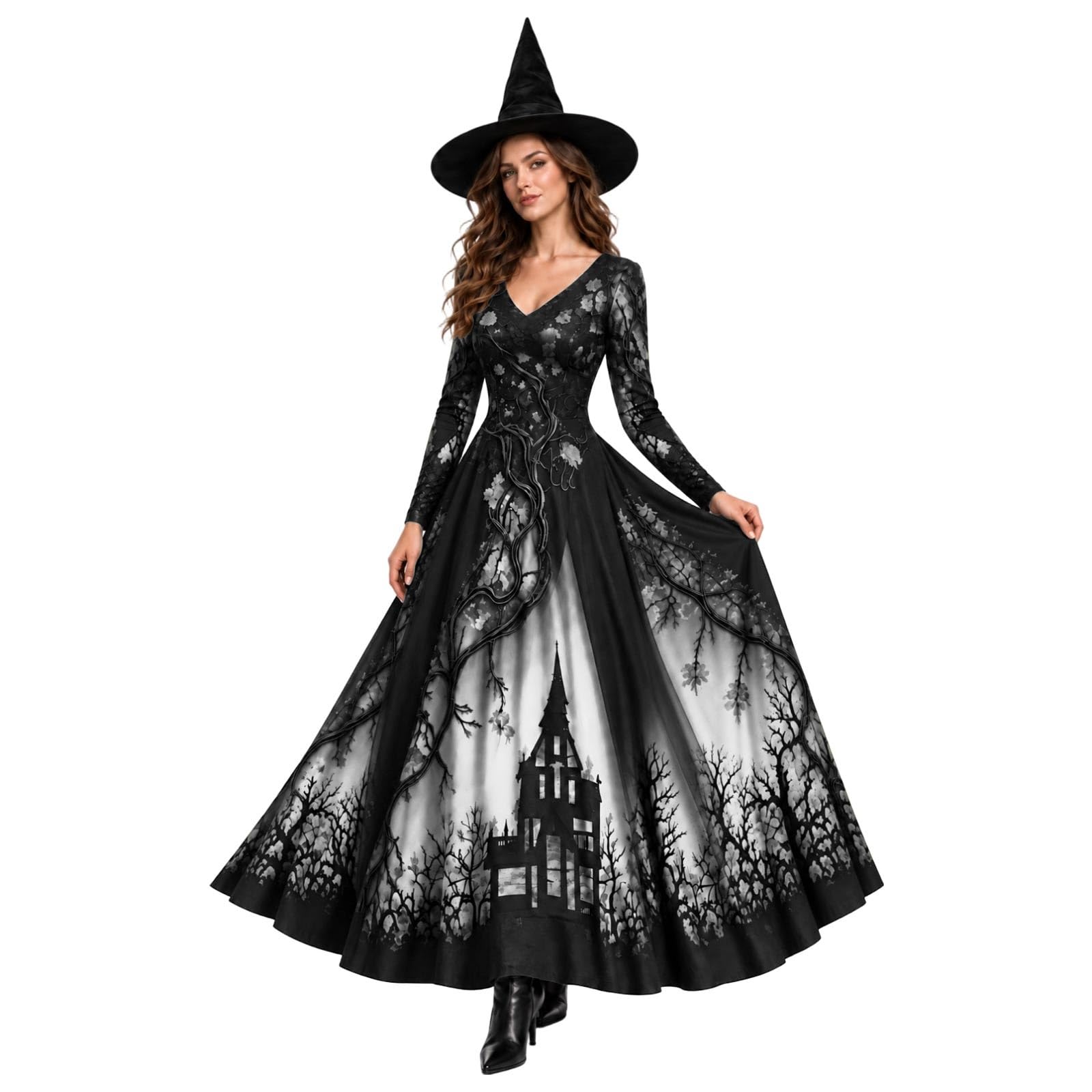 Medieval Witch Dress Women with Lace and Scary Print, Gothic Victorian Long Sleeve Floor Length Maxi Dress, Witch Costume Women for Halloween Party Renaissance Cosplay and Events โ image 1