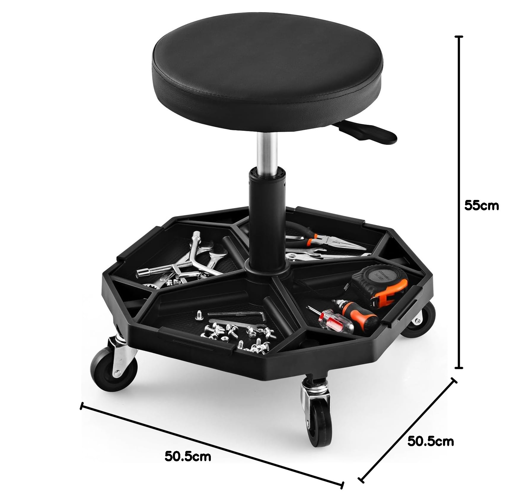 GYMAX Taburete de Montaje Móvil Robusto, Taburete de Taller Ajustable, Asiento Neumático Mecánico con Bandeja para Herramientas y Cojín Acolchado, Asiento Giratorio para Garaje (Negro)