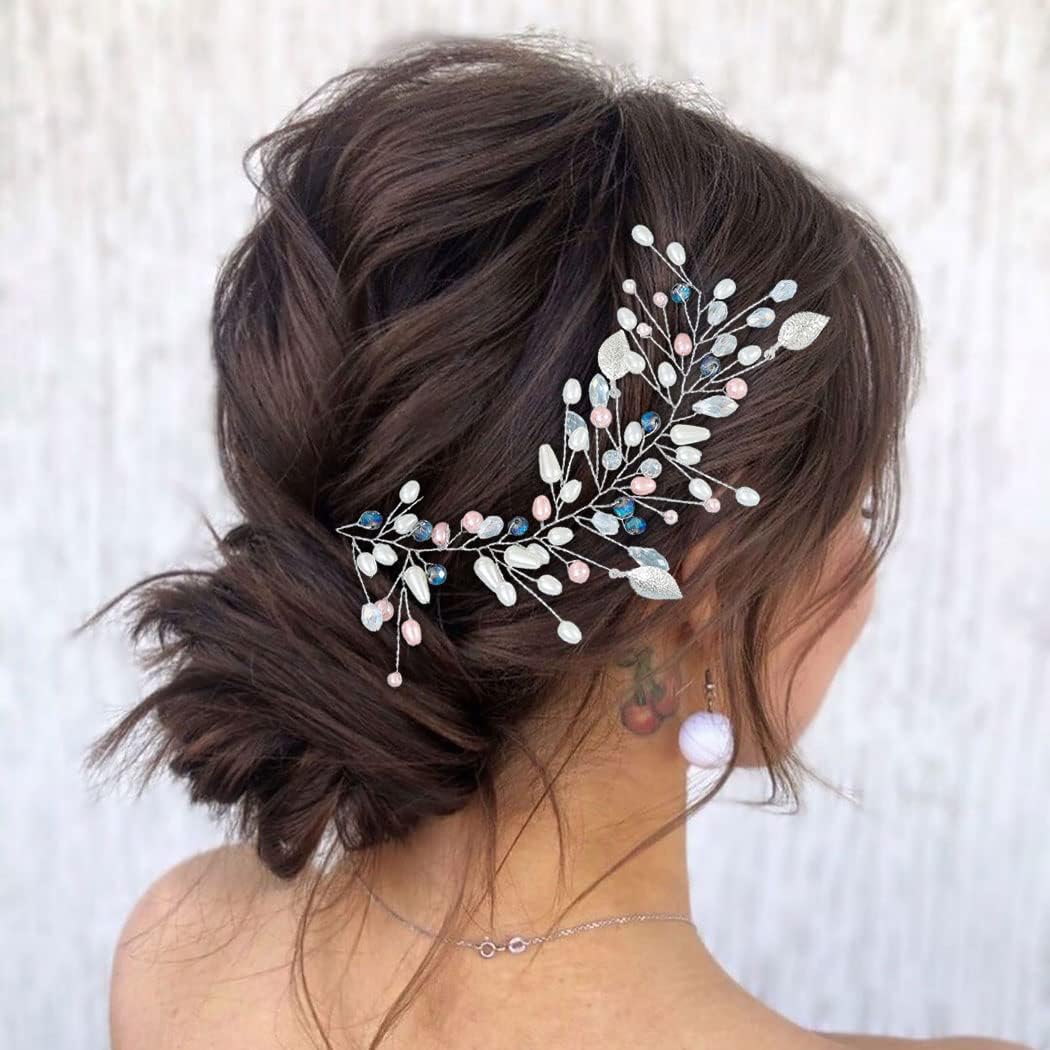 Relandy Bride Wedding Hair Vine Crystal Silver Hair Piece Leaf Bridal