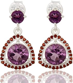 Natural Amethyst And Garnet Gemstone Dangle Trillion Shaped Design Solid 925 Sterling Silver Women Engagement Jewelry Gift For Her (Amethyst And Garnet)