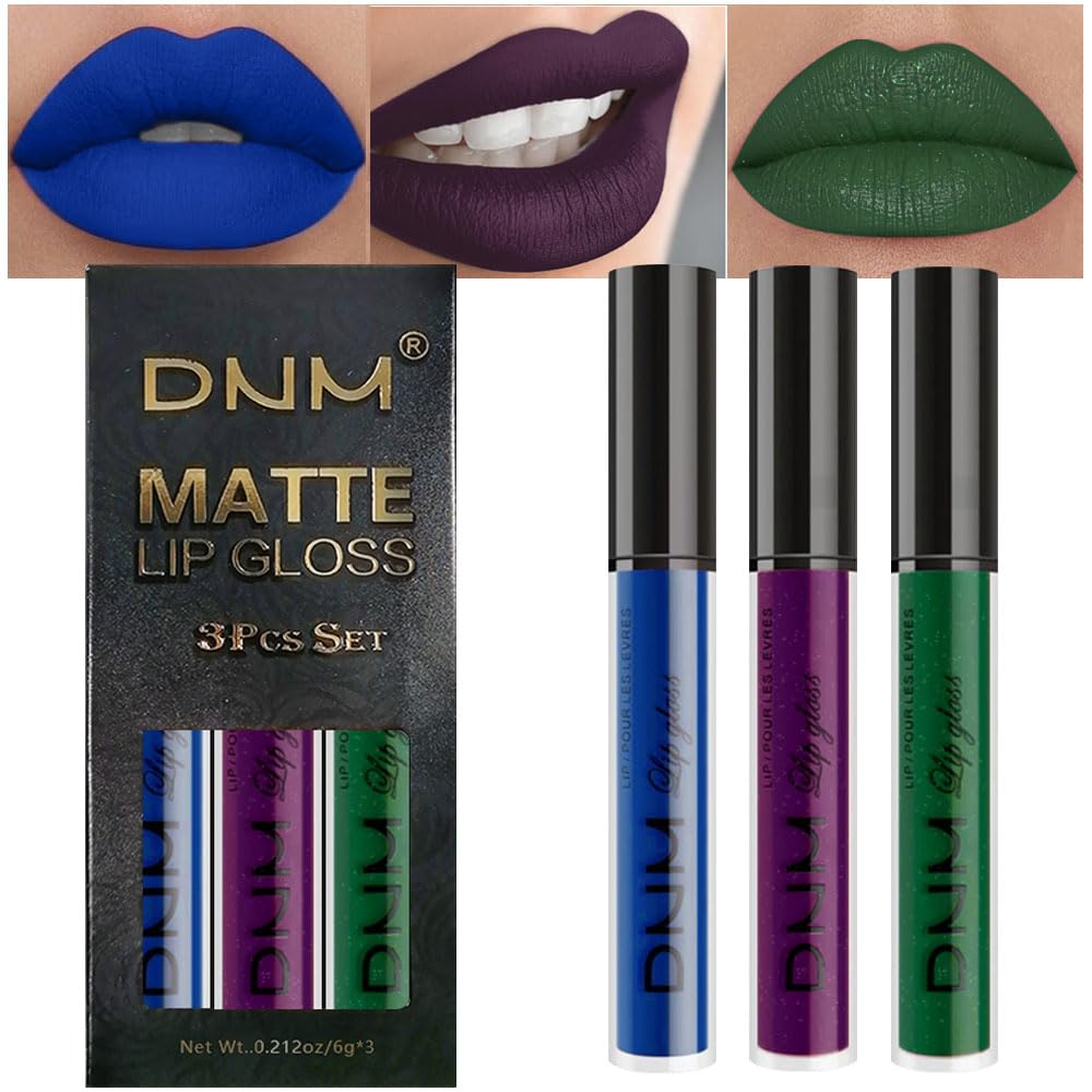 evpctDNM 3Pcs Dark Blue Emerald Green Purple Matte Liquid Lipstick Lip Stain Sets for Women Matte+Lipstick Long Lasting 24 hr Hours Magic Lipstick 24 Hours original Waterproof 21#