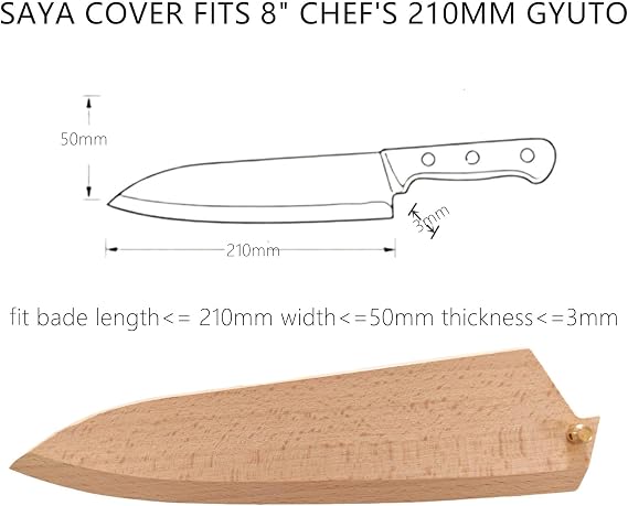 Japanese Gyuto Knife Sheath, 8 Inch Chef Knife Beechwood Saya Blade Cover, 210mm Magnetic Protective Edge Guard with Copper Pins for Kitchen Knives