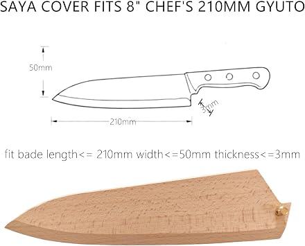Japanese Gyuto Knife Sheath, 8 Inch Chef Knife Beechwood Saya Blade Cover, 210mm Magnetic Protective Edge Guard with Copper Pins for Kitchen Knives