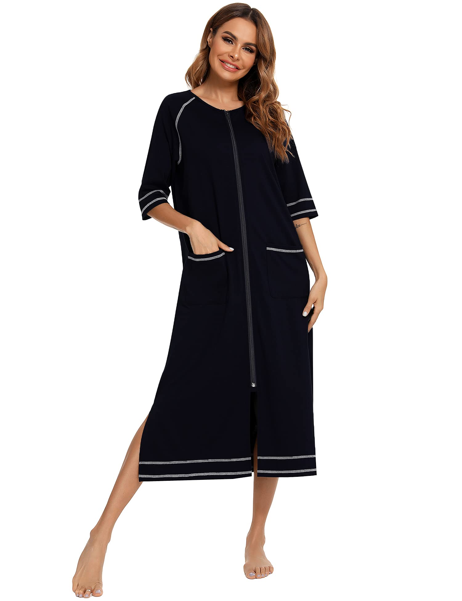 Citridarll Women's Black Zipper Robes 3/4 Sleeves Housecoat Lightweight Bathrobes Zip Up Robe Casual Nightgown With Pockets Medium