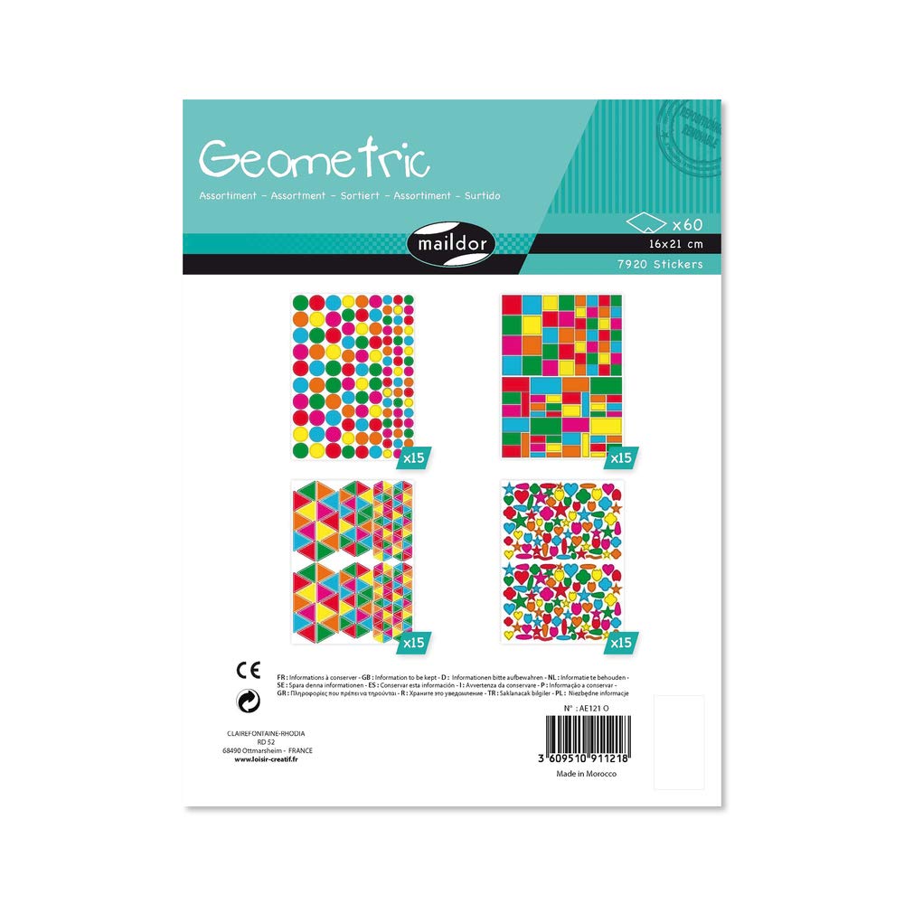 Maildor AE121O - GEOMETRIC STICKERS - 60 sheets - Dimensions: 16 cm x 21 cm - ASSORTED (7,920 stickers) - Children's Creative and Leisure Activity - DIY