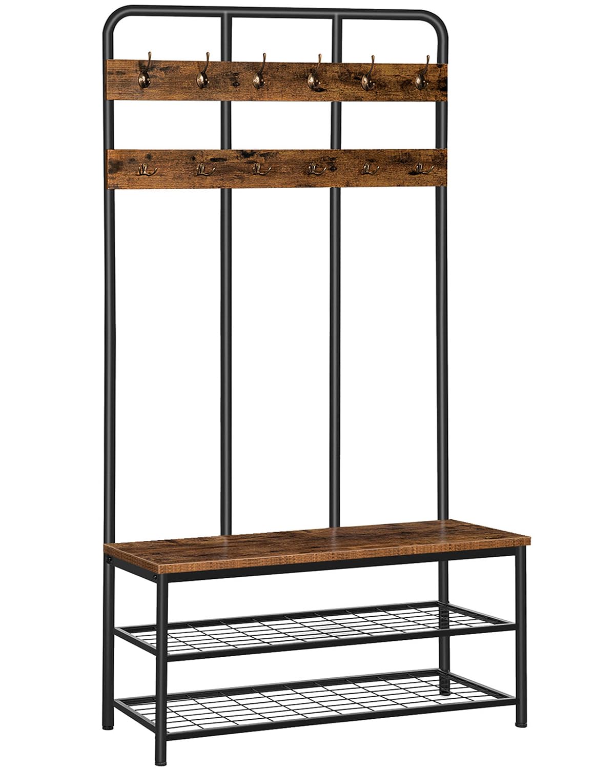 HOOBRO Grand Porte-Manteau, Meuble d’Entrée, avec Banc et Étagère à Chaussures 2 Niveaux, avec 12 Crochets, 100 x 35,5 x 182 cm, pour Couloir, Chambre, Style Industriel, EBF05MT01