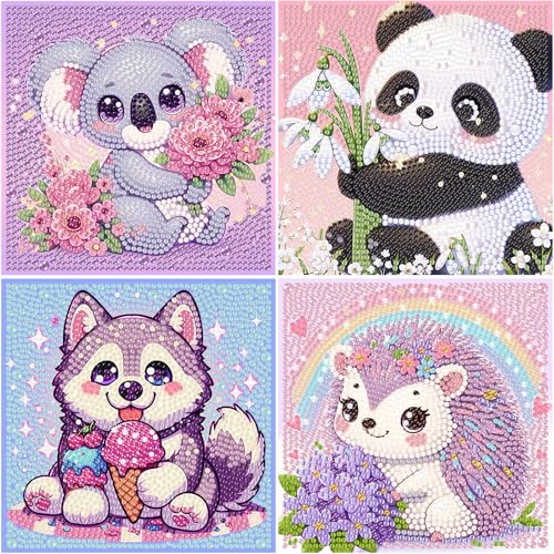 Set di 4 quadri per diamond painting per bambini a partire da 4 6 8 10 12 anni (15 x 15 cm)