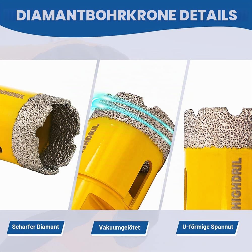 HIGHDRIL Diamantbohrer Fliesenbohrer Set 11Stk für Porzellan Granit Fliesen | 6/8/10/25/35/50/68/110MM Diamant-Bohrkrone Lochsäge +50MM Fingerfräser+20MM Bohr Schleifbits M14+ adapter für Keramik Marmor