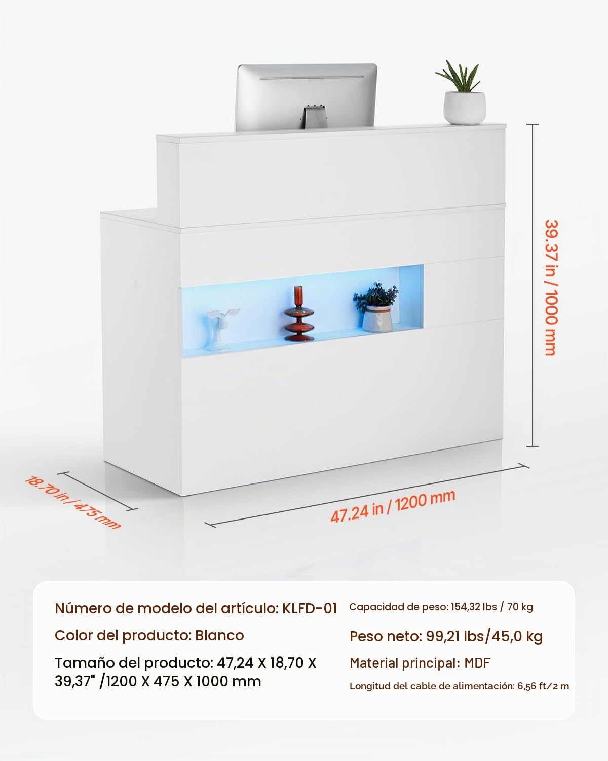 VEVOR Mostrador de Recepción 120 x 47,5 x 100 cm Mesa de Mostrador Rectangular Material de MDF con Luz LED 2 Cajones y Tomas de Corriente para Caja, Vestíbulo, Salón de Belleza, Oficina, Blanco