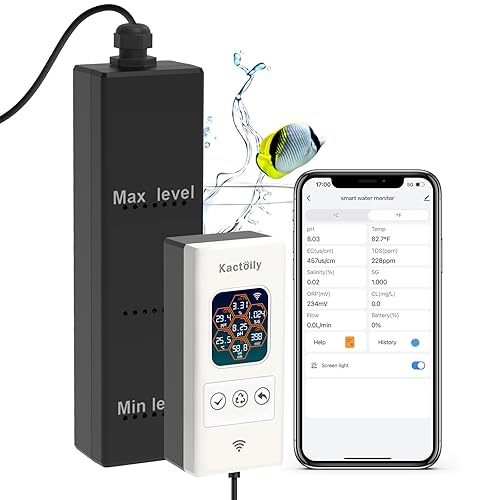 Kactoily Smart Aquarium Monitor All in One pH/ORP/Salt/S.G/TDS/EC/Temp 24h Online Freshwater and Saltwater Fish Tank Tester (WiFi Version) - 7-in-1 wifi