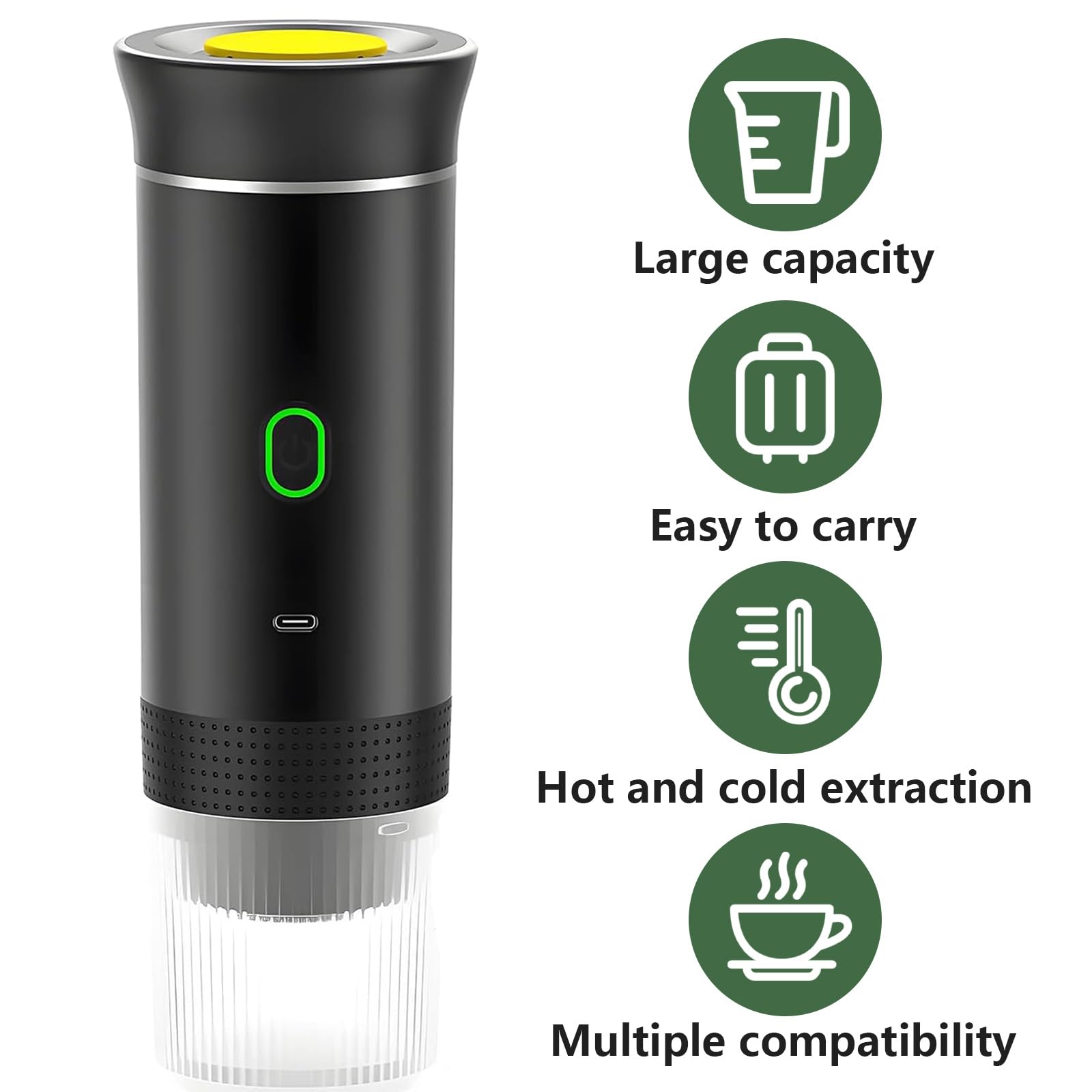 Yolispa Macchina caffè Portatile, Caffettiera Elettrica Riscaldata per Porta USB-C, Portatile Piccola Macchina da caffè Elettrica Autoscaldante Macchina espressa, per Campeggio, Ufficio, Casa, Auto