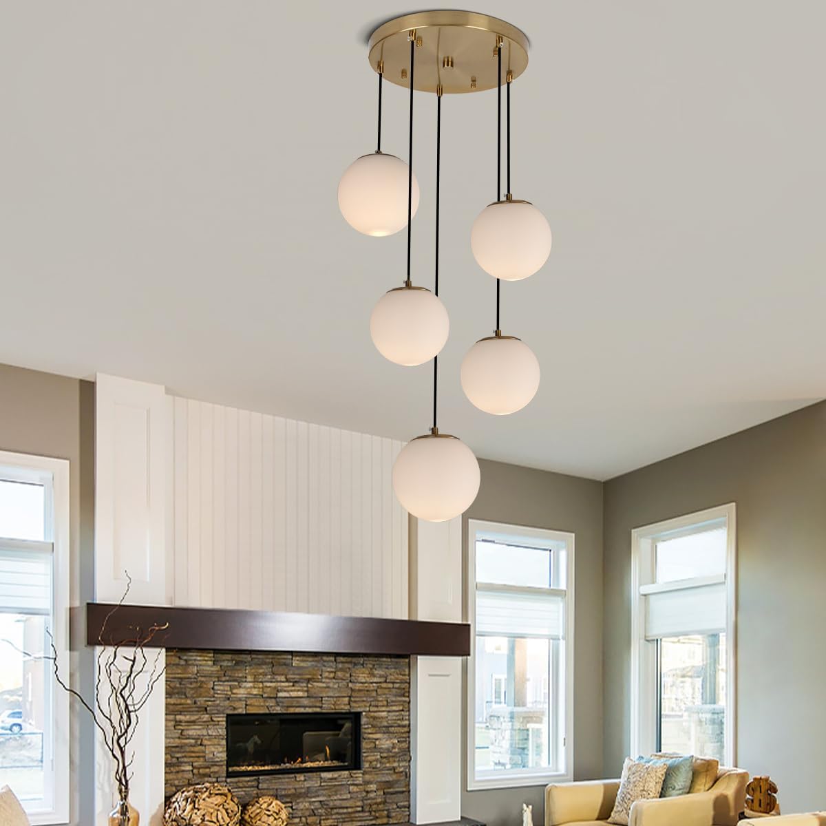 5-Light Cluster Globe Chandelier Mid Century Modern Glass Pendant Light Brass Ceiling Hanging Light Milky White Glass Pendant Light for Living Room Staircase