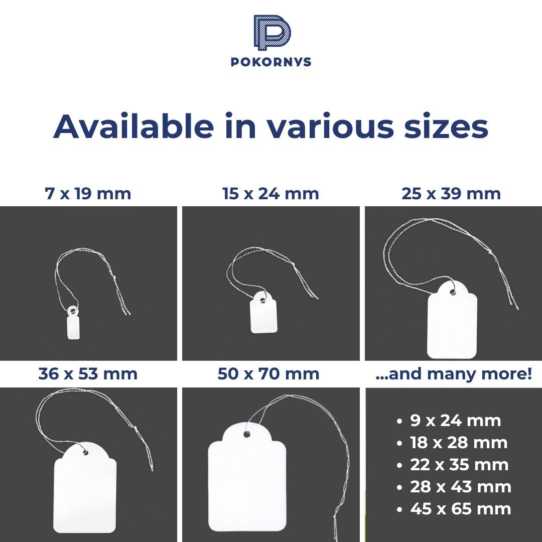 Pokornys – étiquettes de prix avec fil (15 x 24 mm) pour vêtements, bijoux, accessoires, etc. – Étiquettes de prix en carton avec fil de coton (1000)