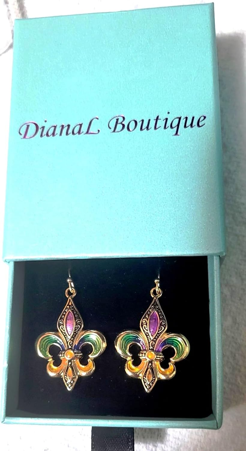 DianaL Boutique Beautiful Gold Tone Fleur de Lis Earrings Mardi Gras Gift Boxed - Image 4