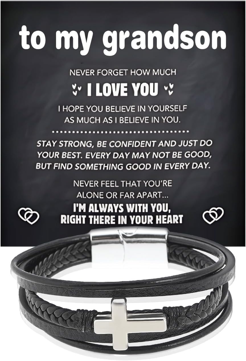 Grandson Bracelet from Grandma Leather Cross Stainless Steel Christian Braided Bracelet Inspirational Birthday Gifts for Grandson