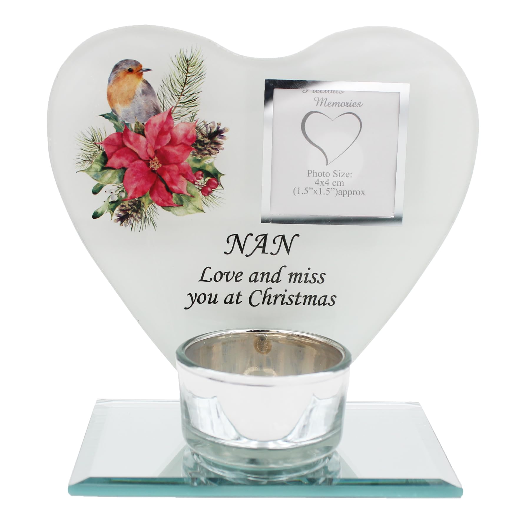 Widdle Gifts Nan 8828 Christmas Memorial 19Cm Glass Tea Light Candle Holder With Heart Robin And Poinsettia Comes Gift Boxed (Nan 8828)