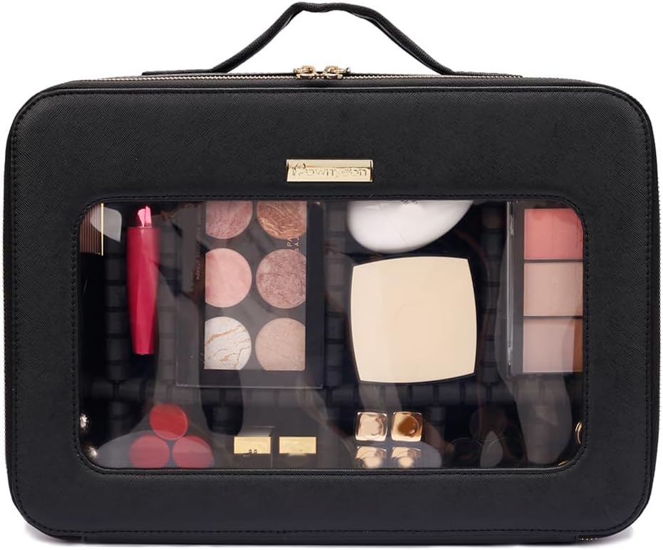 ROWNYEON Large Makeup Train Case Travel Clear Eva Makeup Bag Organizer Visible Waterproof Tpu 16.1" Comestic Bag For Womens