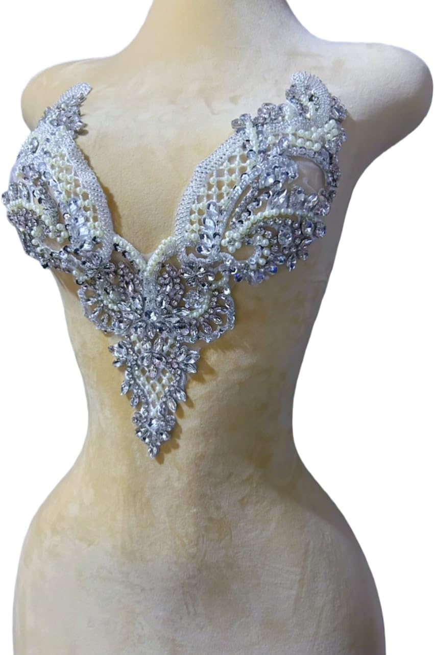 Symmetrical Neckline Appliques - Hand-Sewn Floral White Lace Patches with Glass Rhinestones and Beads, for Bridal & Evening Dress Bodice Decoration, DIY Clothing Trim