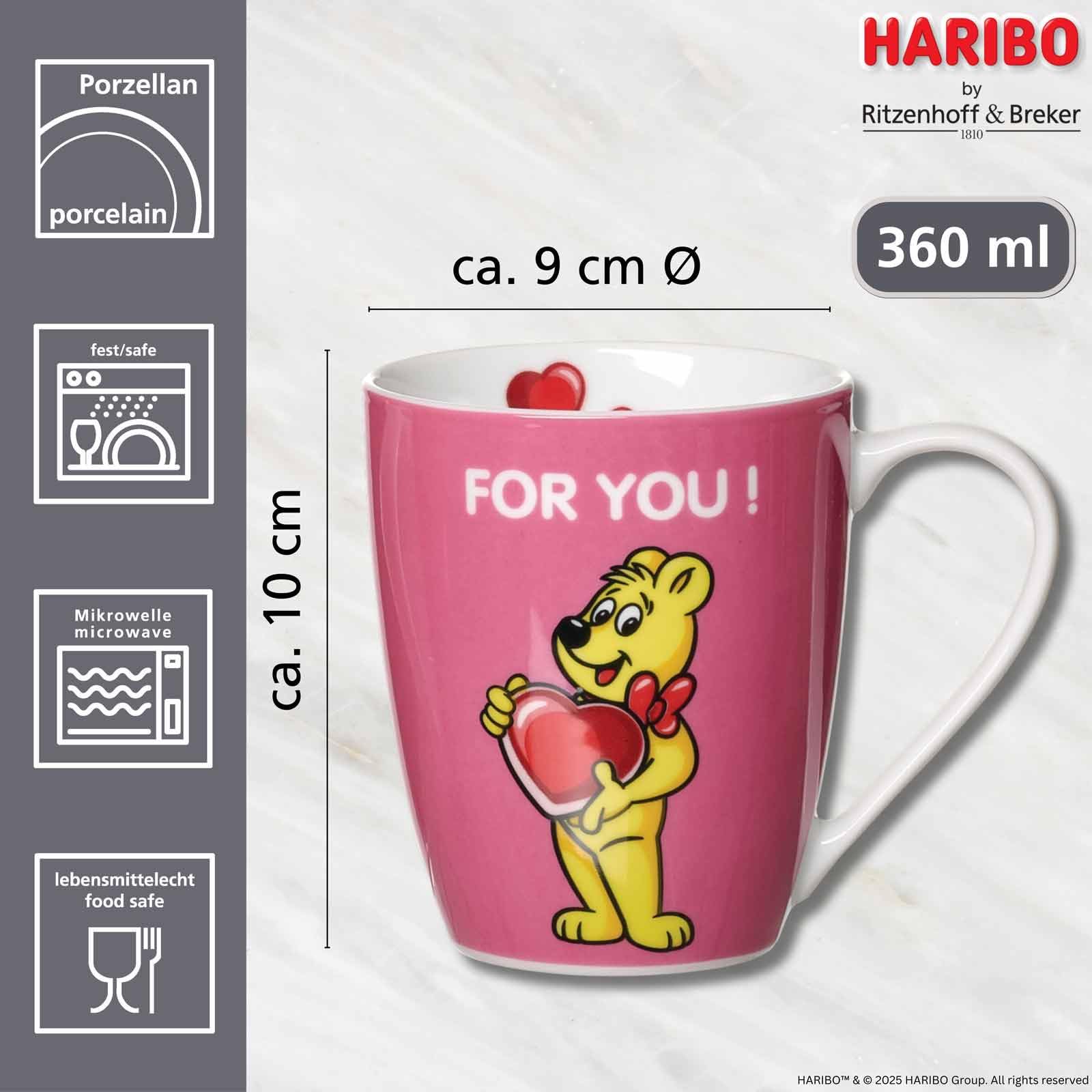 Ritzenhoff & Breker HARIBO Sweet Heart Becher 360 ml – 6er Set | Porzellan Tassen mit Goldbär Herz-Motiv | Spülmaschinenfest & Mikrowellengeeignet | Geschenkidee für Haribo-Fans