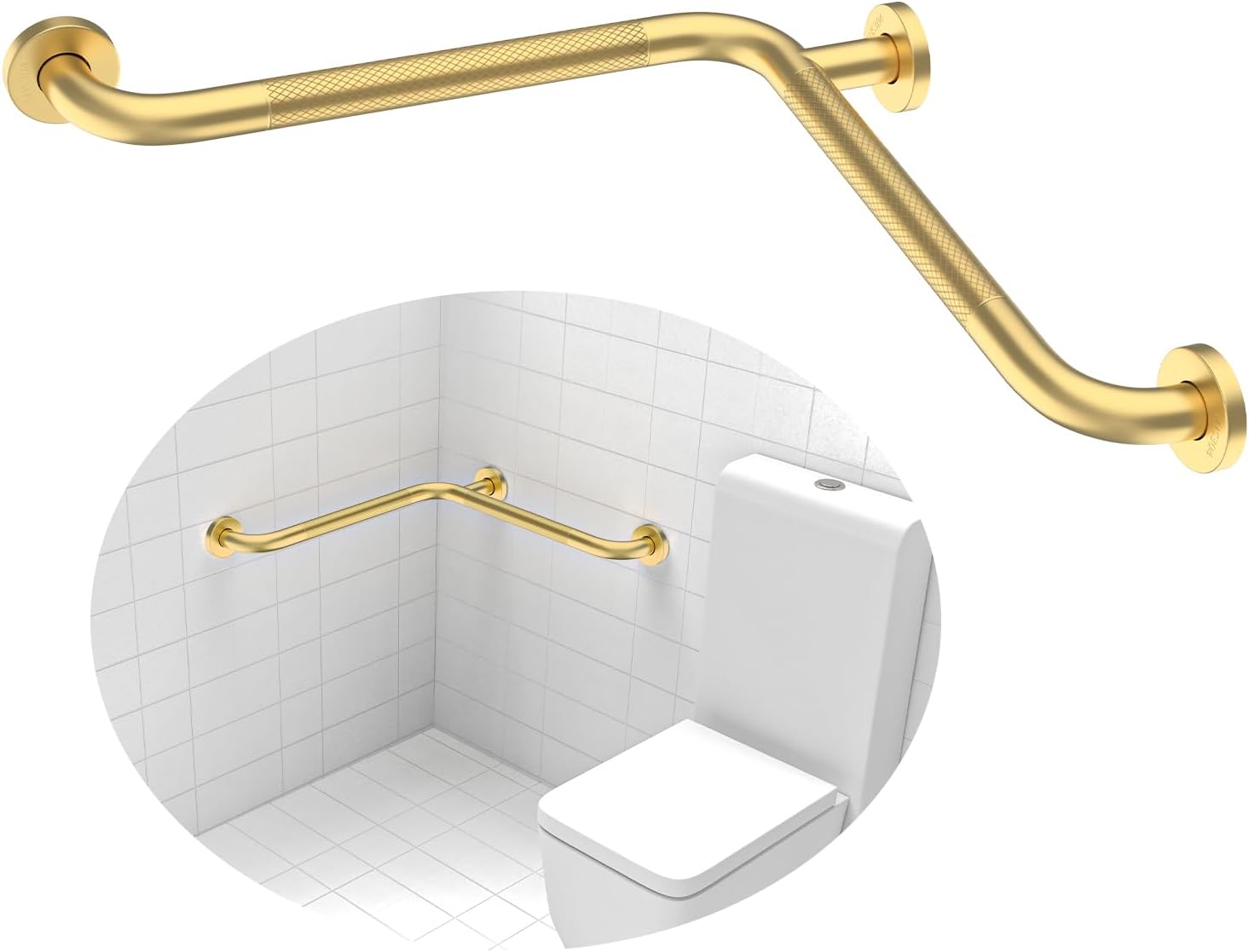 4 pack angled grab bar 16x16 inch, yuande brushed gold l-shaped shower grab bar w/anti-slip knurled grip, stainless steel inside corner grab bar, safety hand rail support for elderly senior