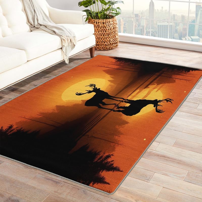 Alfombras lavables para entrada, sala de estar, dormitorio, alfombra de ciervo y decoración del hogar, alfombra de área de puesta de sol de 2 x 3