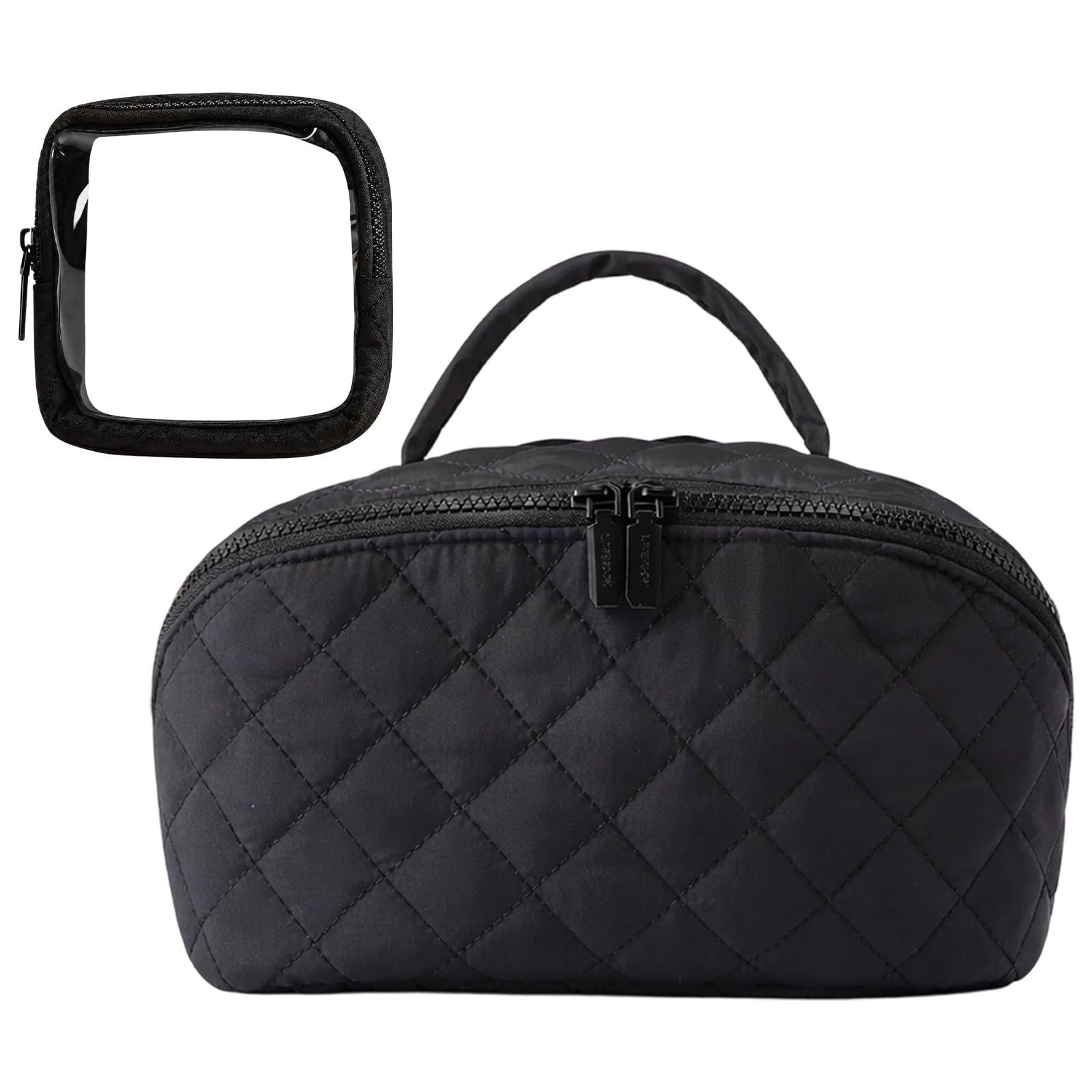 2 STK. Reise Kosmetiktasche für Damen, große multifunktionale Kosmetiktasche mit 180° flach aufklappbarem Organizer, Gesteppte Kulturtasche mit Abnehmbarer transparenter Tasche und Pinsel Fächern