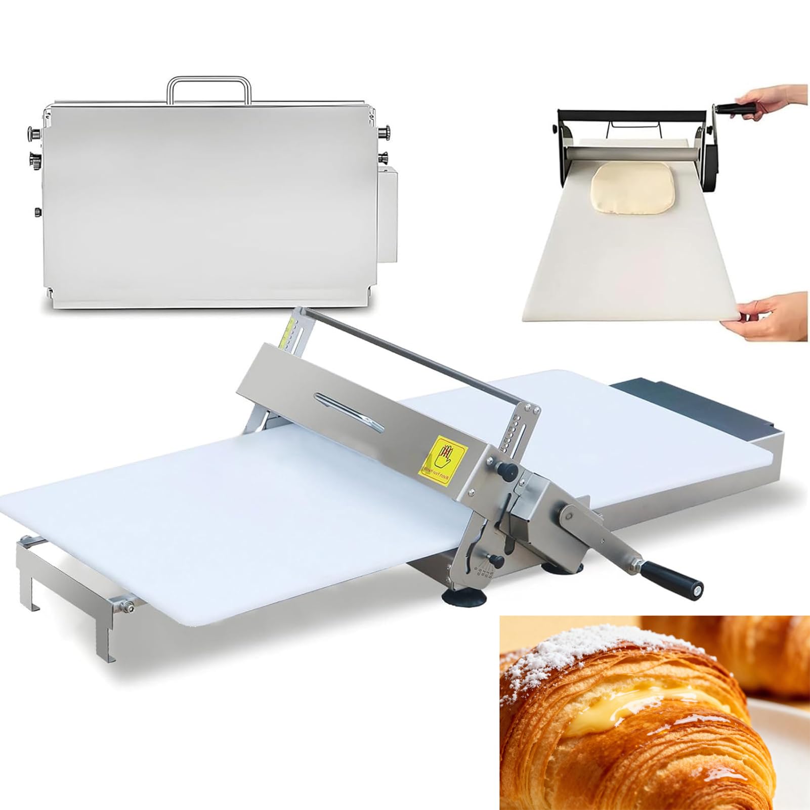 FahQuintuple Manual Foldable Dough Sheeter Machine for Bakery, Pizza, Croissant - Stainless Steel Pastry Roller with Adjustable Thickness 0.5-17.5mm/0.5-27mm for Commercial & Home Use