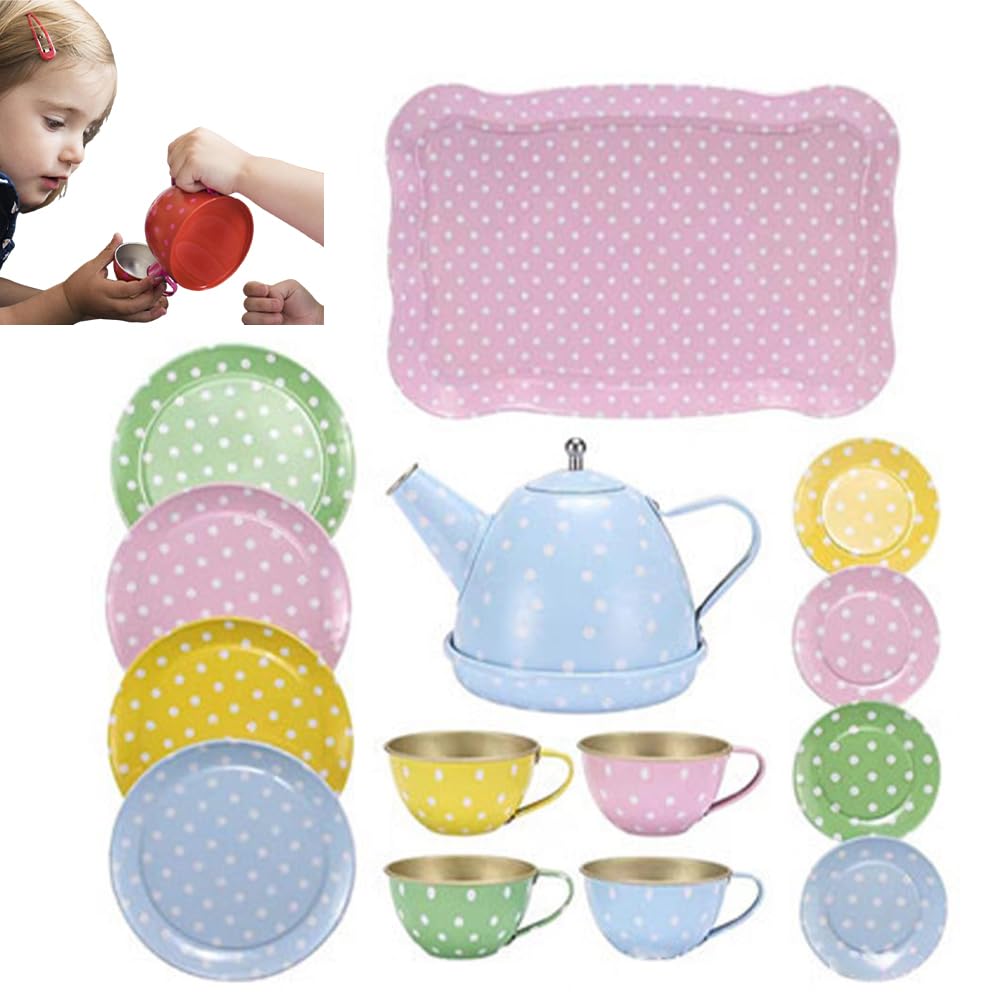 Kids Tea Set,14Pcs Metal Tea Party Set for Girls & Boys,Pretend Play Kitchen Accessories with Teapot,Tray,4Teacups,4 Plates and 4 Saucers,Safe & Durable Gift