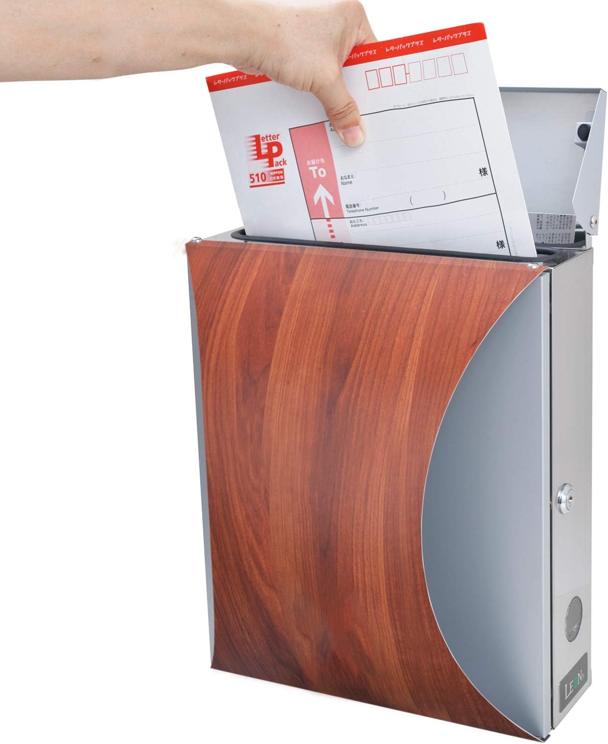 MB-5207 Modern Design Mailbox Wall Mount Contemporary Stainless Steel Postbox with Lock and Key Large Letterbox for House 16” x 12” x 7.7” (Red Oak: Mail Box Label Not Written)