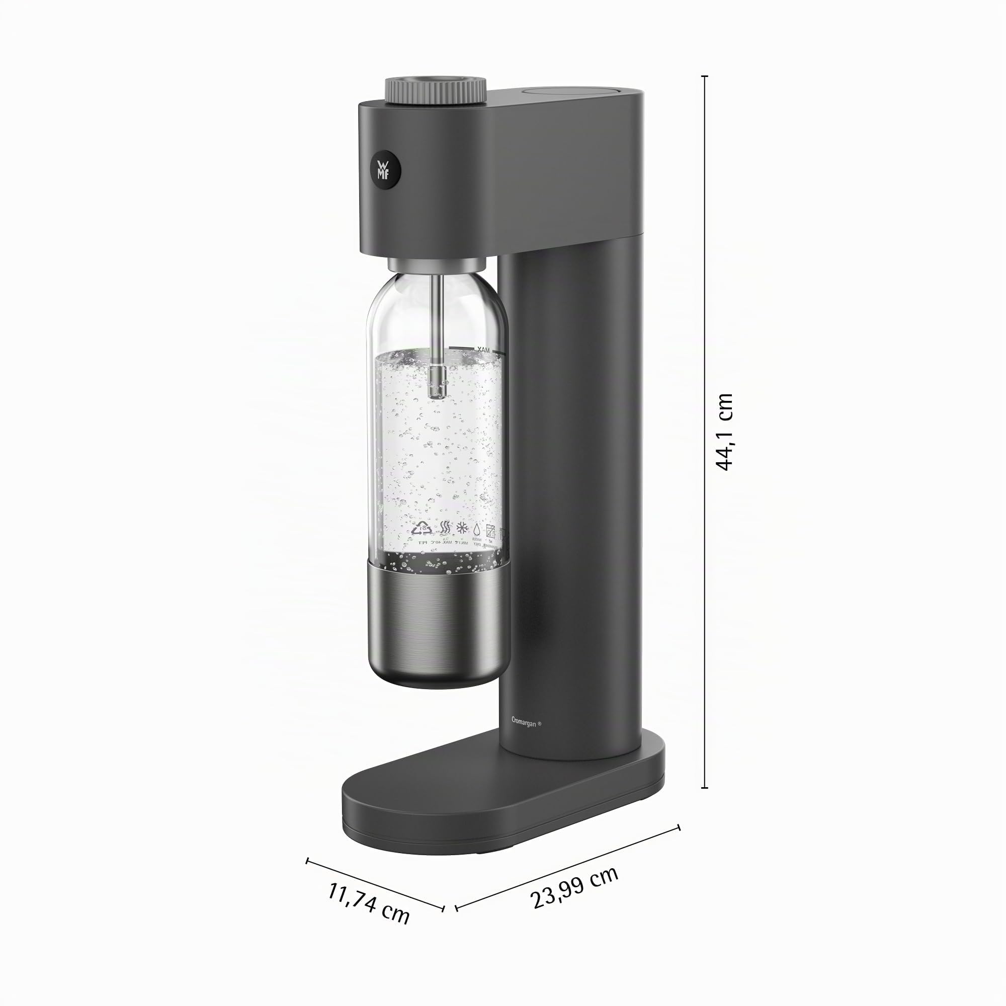 WMF Element One Agua con gas – Máquina de burbujas de acero inoxidable completamente automática con 3 grados, diseño que ahorra espacio, elegante máquina de agua con gas y dispositivo de burbujeo para