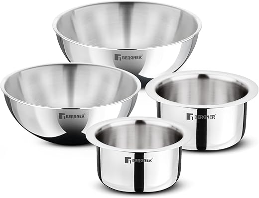 BERGNER Tripro Tri-Ply Stainless Steel 4 Pcs Cookware Combo Set Of 14Cm (1.3 Liters), 16Cm (1.9L) Topes And 20Cm (2L), 22Cm (2.5L) Tasras, Less Oil…