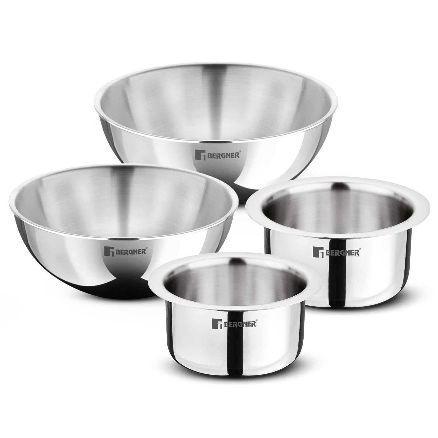 BERGNER Tripro Tri-Ply Stainless Steel 4 Pcs Cookware Combo Set Of 14Cm(1.3 Liters),16Cm(1.9L) Topes And 20Cm(2L),22Cm(2.5L) Tasras,Less Oil Use,Healthy Cooking - Induction And Gas Stove Ready(Silver)